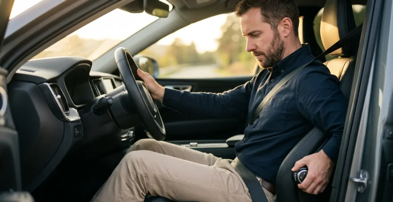 Conducteur ajustant son siège avec vue détaillée sur la posture lombaire correcte