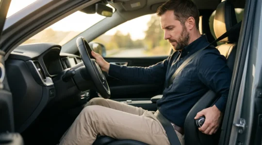 Conducteur ajustant son siège avec vue détaillée sur la posture lombaire correcte