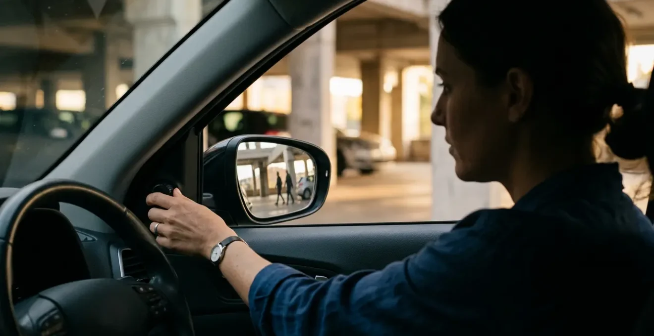 Vue conducteur ajustant rétroviseur avec reflet parking urbain et piétons visibles