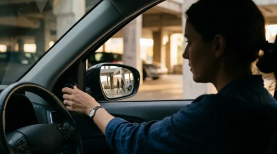 Vue conducteur ajustant rétroviseur avec reflet parking urbain et piétons visibles