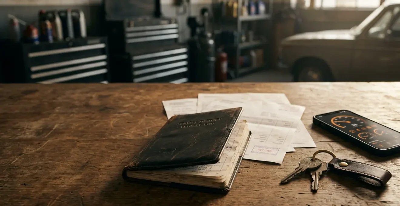 Carnet d'entretien automobile et documents d'historique disposés sur une table avec des clés de voiture
