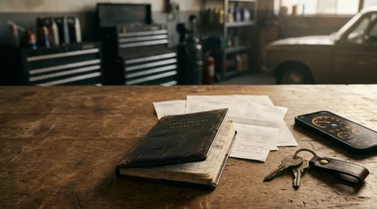 Carnet d'entretien automobile et documents d'historique disposés sur une table avec des clés de voiture