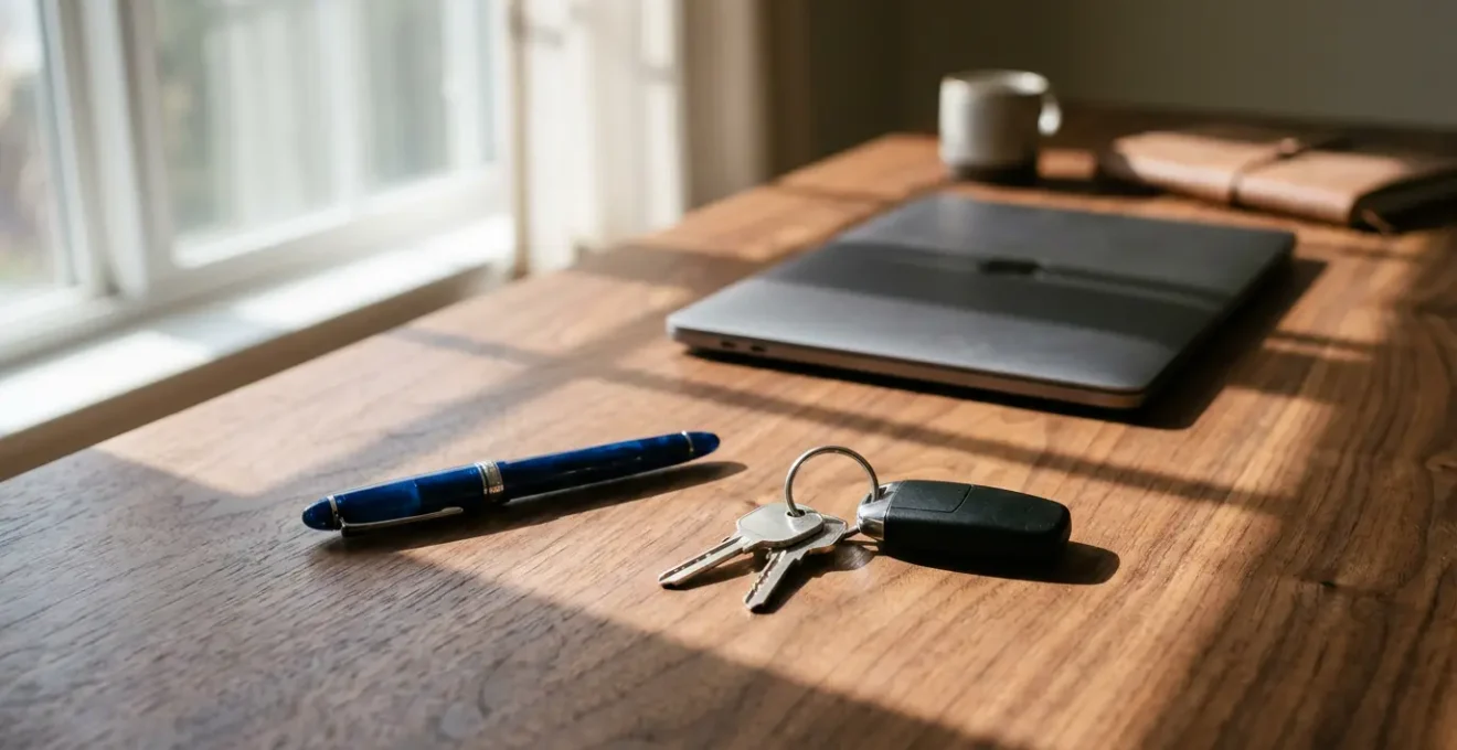 Bureau avec documents administratifs et clés de voiture posés sur une table en bois, atmosphère professionnelle