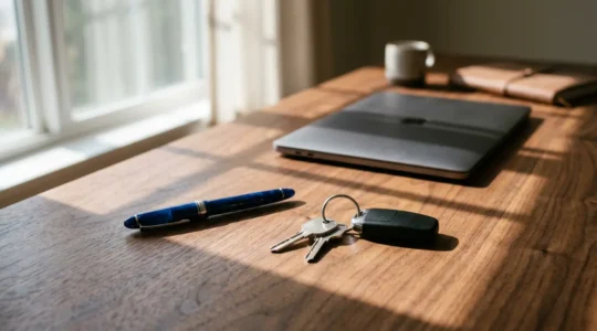 Bureau avec documents administratifs et clés de voiture posés sur une table en bois, atmosphère professionnelle