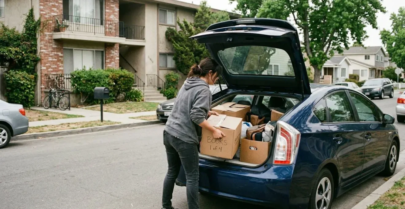 Personne chargeant des cartons dans le coffre d'une voiture devant un immeuble