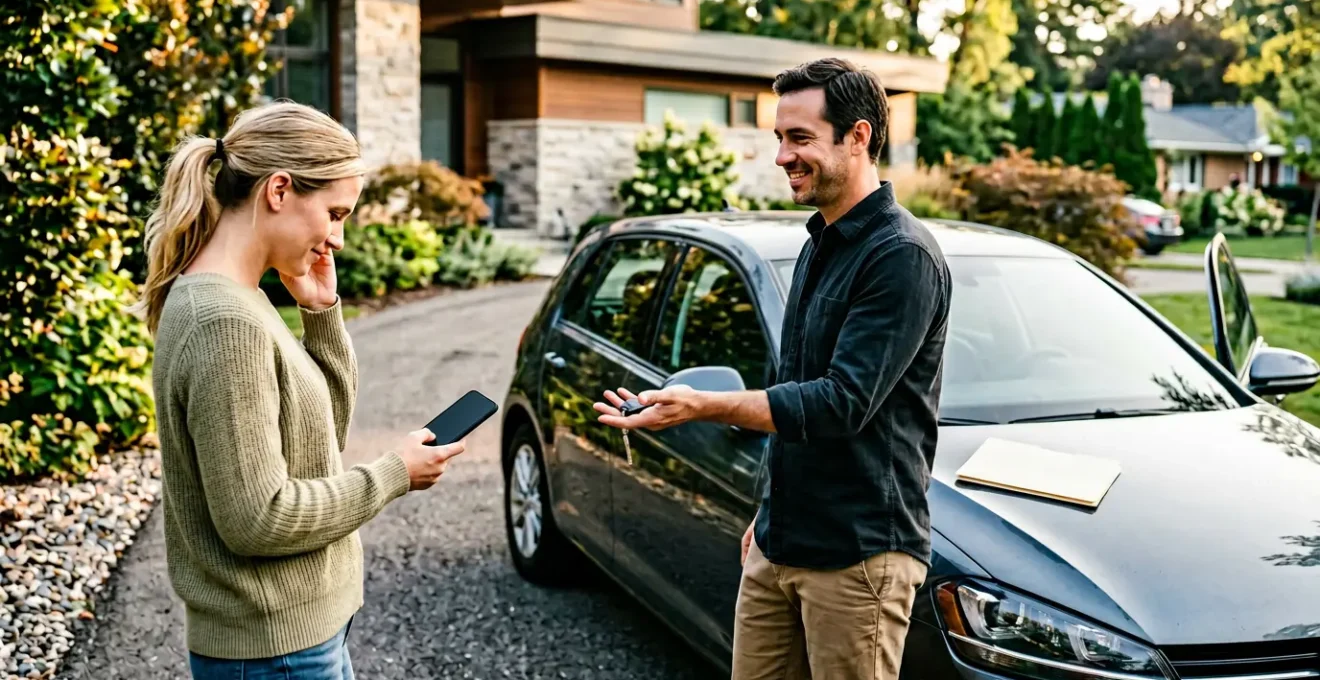 Photographie réaliste montrant une transaction automobile sécurisée avec focus sur les détails du processus de paiement