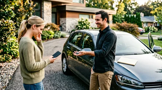 Photographie réaliste montrant une transaction automobile sécurisée avec focus sur les détails du processus de paiement