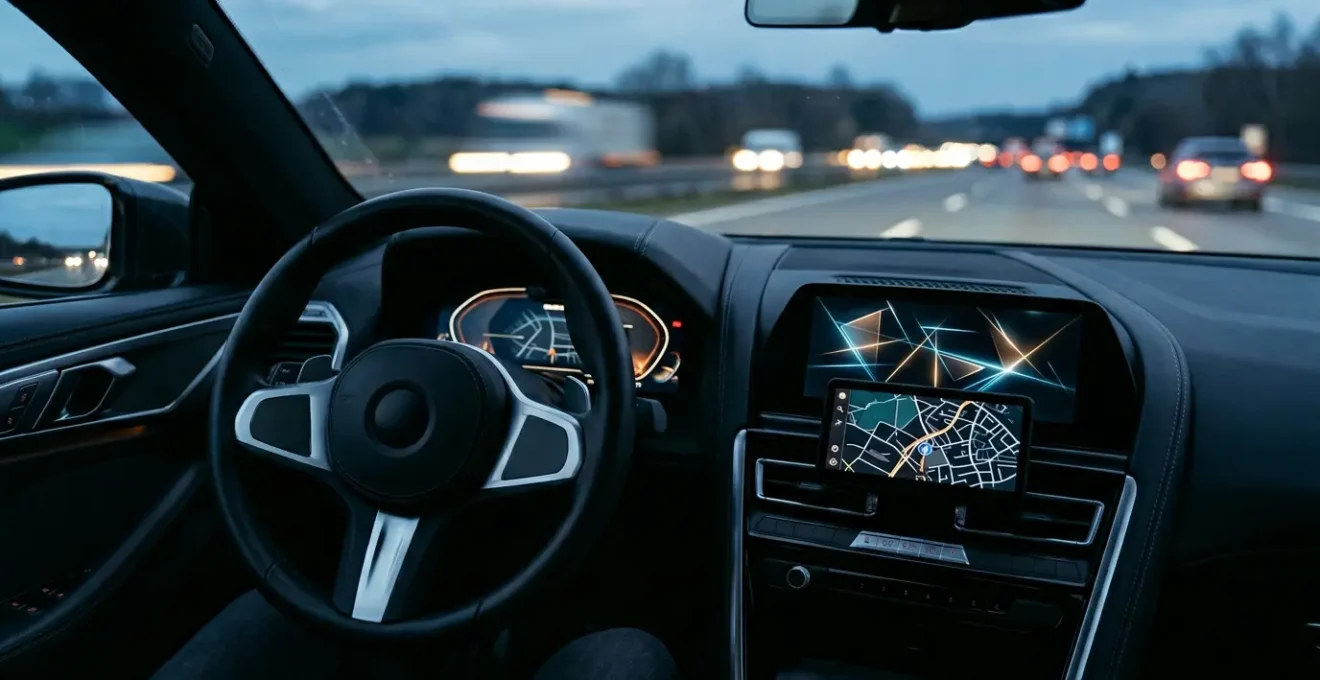 Intérieur automobile moderne avec écrans numériques et commandes tactiles