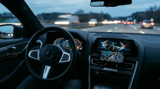Intérieur automobile moderne avec écrans numériques et commandes tactiles