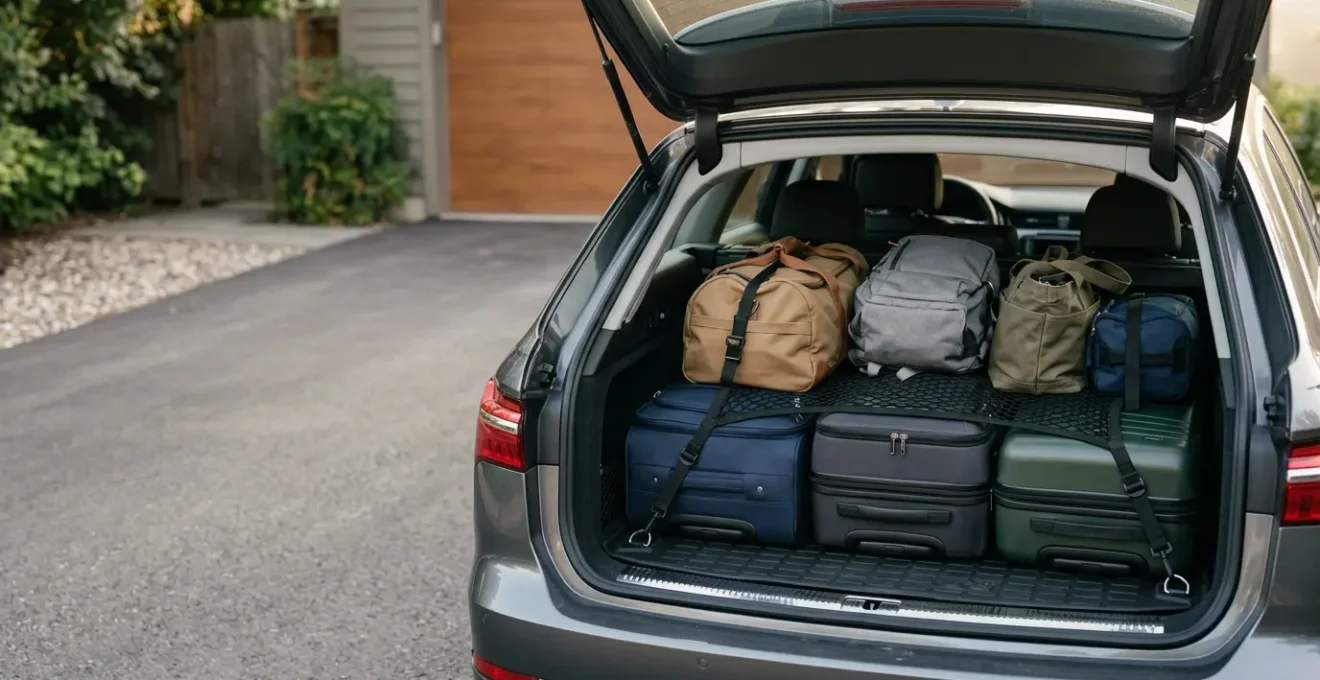 Vue arrière d'un coffre de voiture méthodiquement chargé avec des valises et sacs disposés de manière sécurisée