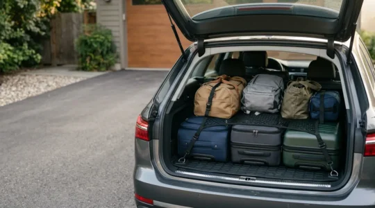 Vue arrière d'un coffre de voiture méthodiquement chargé avec des valises et sacs disposés de manière sécurisée