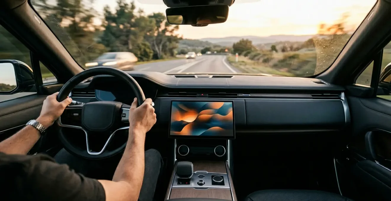 Vue intérieure d'une voiture moderne avec système de navigation activé et mains sur le volant