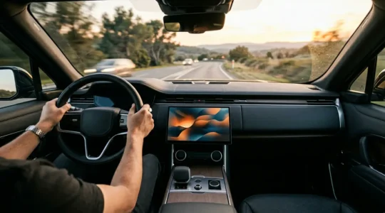 Vue intérieure d'une voiture moderne avec système de navigation activé et mains sur le volant