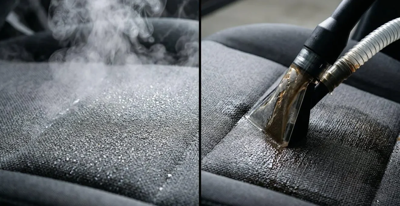 Intérieur de voiture pendant un nettoyage professionnel avec technique vapeur ou injection-extraction