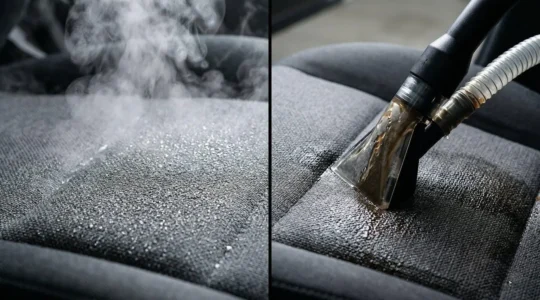 Intérieur de voiture pendant un nettoyage professionnel avec technique vapeur ou injection-extraction
