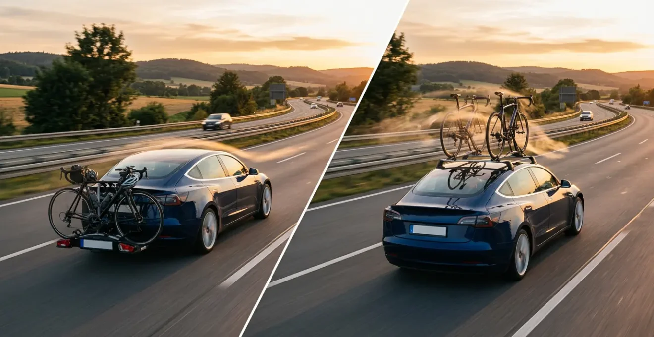 Vue comparative montrant une voiture avec porte-vélos sur attelage et une autre avec porte-vélos de toit sur autoroute