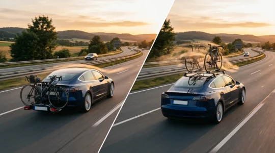 Vue comparative montrant une voiture avec porte-vélos sur attelage et une autre avec porte-vélos de toit sur autoroute