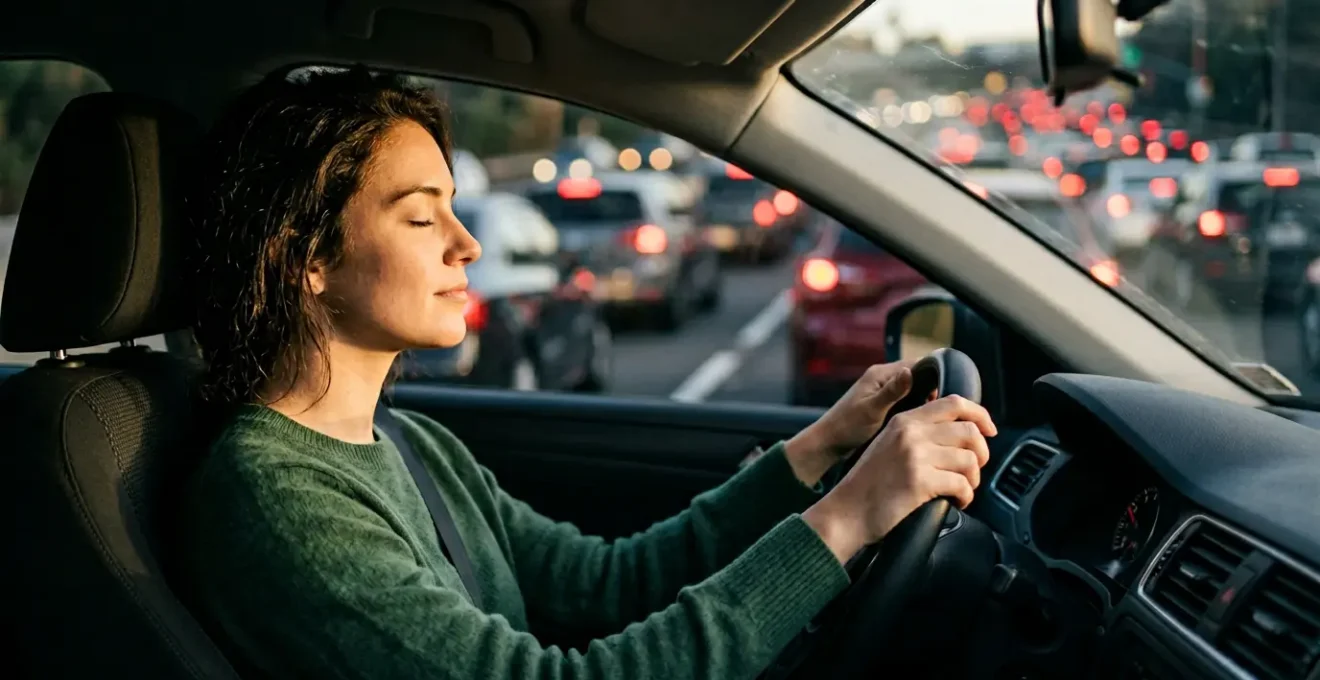 Conducteur serein au volant dans un embouteillage pratiquant des exercices de respiration
