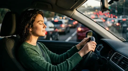 Conducteur serein au volant dans un embouteillage pratiquant des exercices de respiration