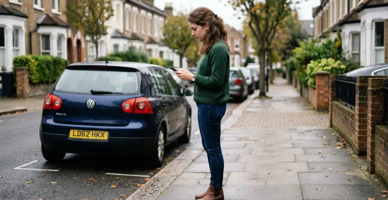 Conducteur consultant son smartphone près d'une voiture garée en zone résidentielle