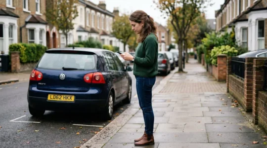 Conducteur consultant son smartphone près d'une voiture garée en zone résidentielle