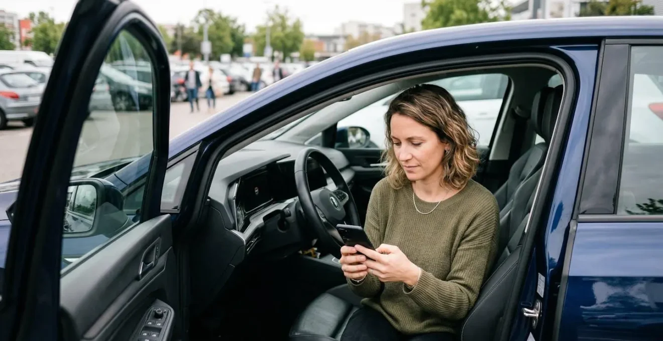 Personne assise au volant consultant son téléphone pour vérifier son assurance auto