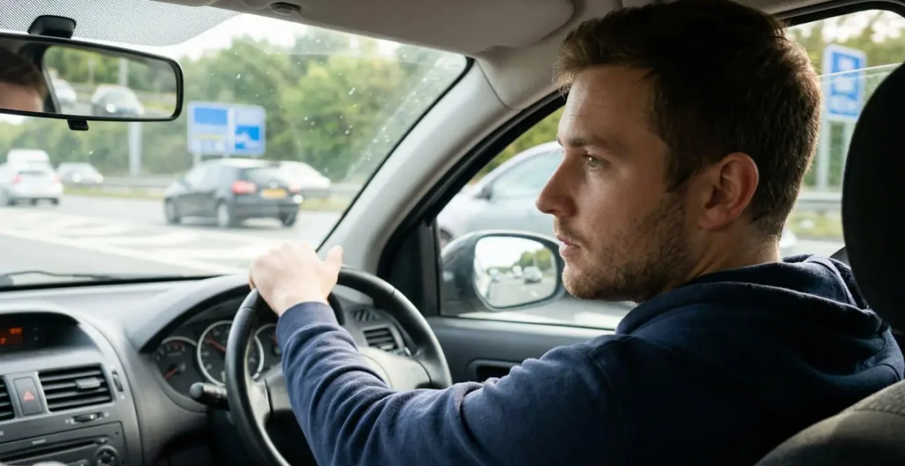 Conducteur au volant vérifiant son rétroviseur, vue de profil naturelle