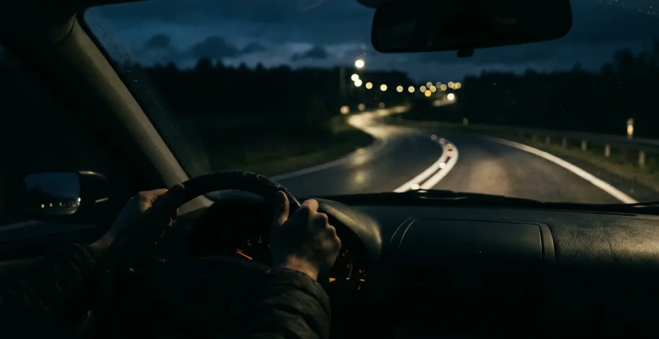Vue depuis l'habitacle d'une voiture la nuit sur une route éclairée par les phares avec des lumières urbaines floues en arrière-plan