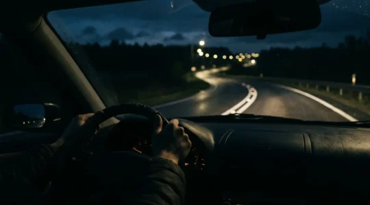Vue depuis l'habitacle d'une voiture la nuit sur une route éclairée par les phares avec des lumières urbaines floues en arrière-plan