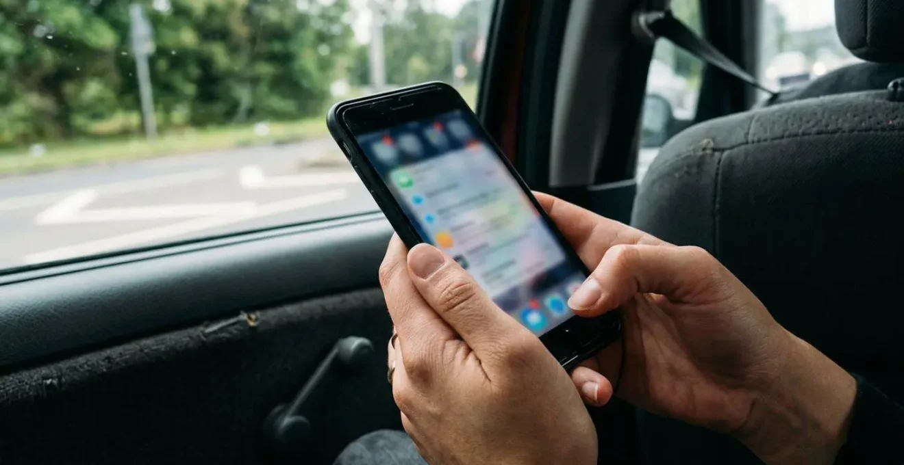 Mains tenant un smartphone avec écran flouté, assis dans un véhicule côté passager