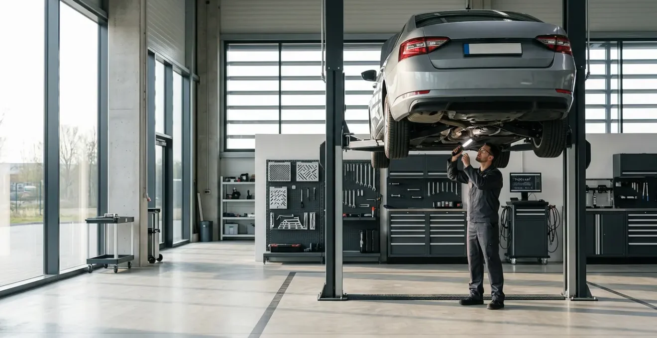 Vue d'un centre de contrôle technique automobile avec un véhicule en inspection sur un pont élévateur