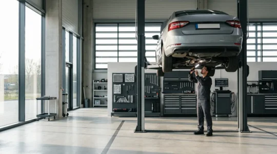 Vue d'un centre de contrôle technique automobile avec un véhicule en inspection sur un pont élévateur