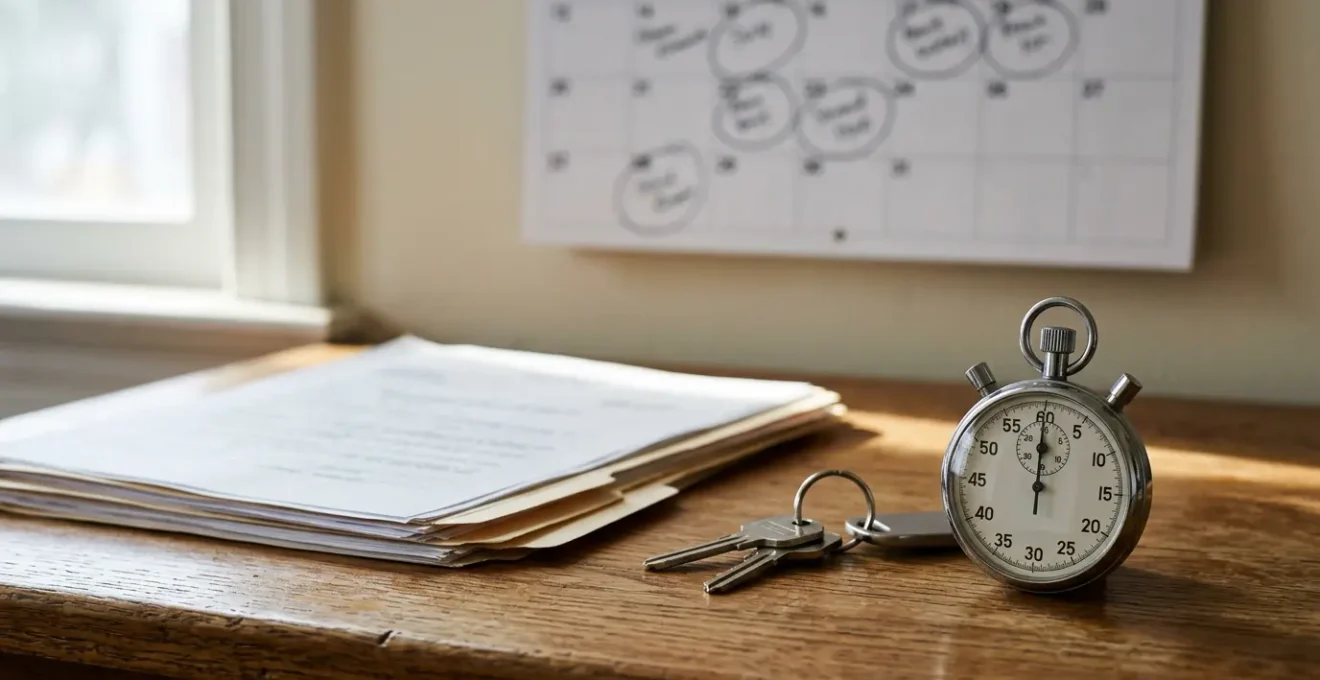 Documents de contrôle technique et clés de voiture sur une table avec un calendrier en arrière-plan montrant la date limite de 6 mois