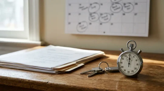 Documents de contrôle technique et clés de voiture sur une table avec un calendrier en arrière-plan montrant la date limite de 6 mois