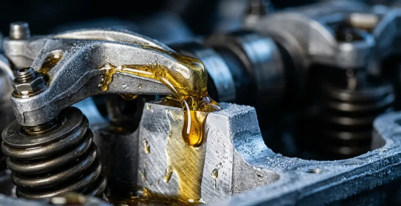 Gros plan sur un moteur automobile au démarrage à froid montrant les premières gouttelettes d'huile