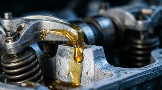 Gros plan sur un moteur automobile au démarrage à froid montrant les premières gouttelettes d'huile