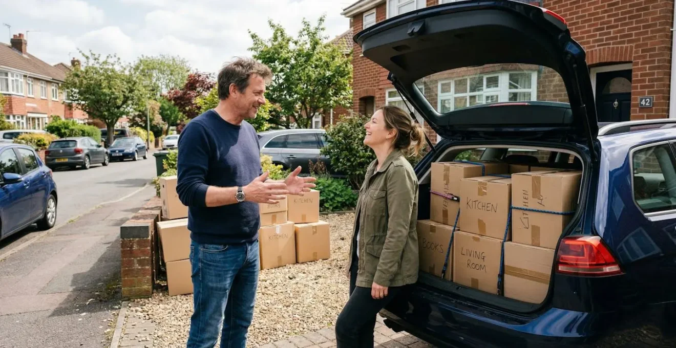 Deux adultes discutant près d'un coffre de voiture chargé de cartons de déménagement