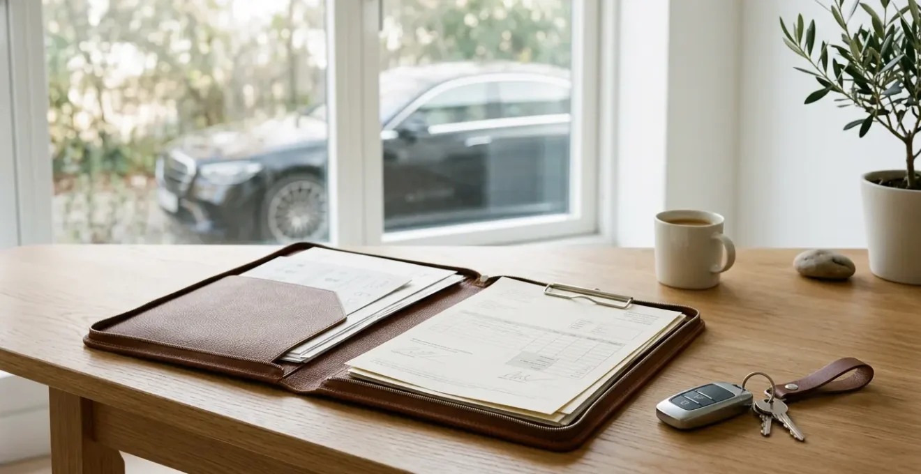 Bureau organisé avec documents automobiles, clés de voiture et dossier de vente soigneusement présentés