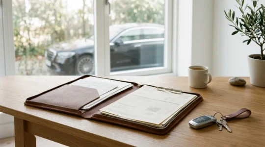 Bureau organisé avec documents automobiles, clés de voiture et dossier de vente soigneusement présentés