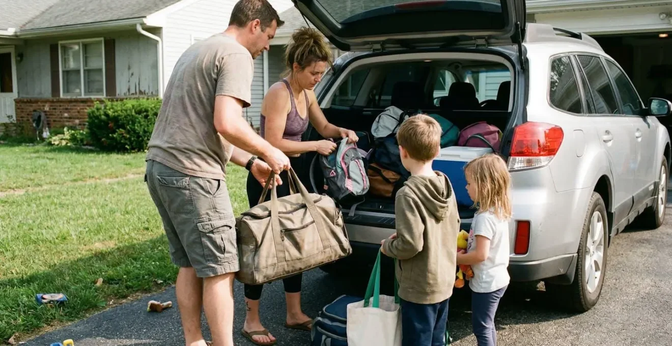 Famille chargeant des bagages dans un SUV sur un parking résidentiel