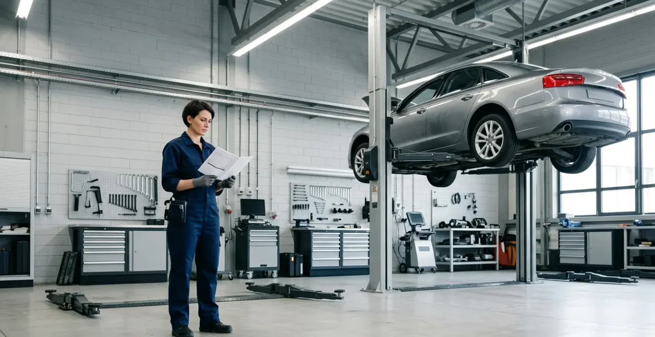 Mécanicien professionnel examinant un carnet d'entretien dans un atelier automobile moderne avec une voiture sur pont élévateur