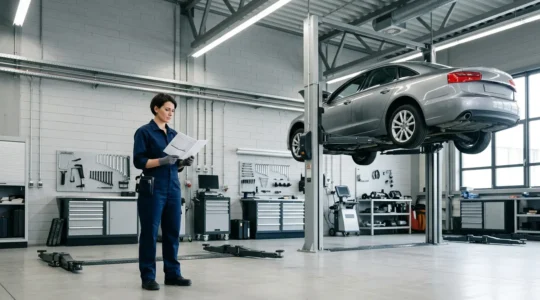 Mécanicien professionnel examinant un carnet d'entretien dans un atelier automobile moderne avec une voiture sur pont élévateur