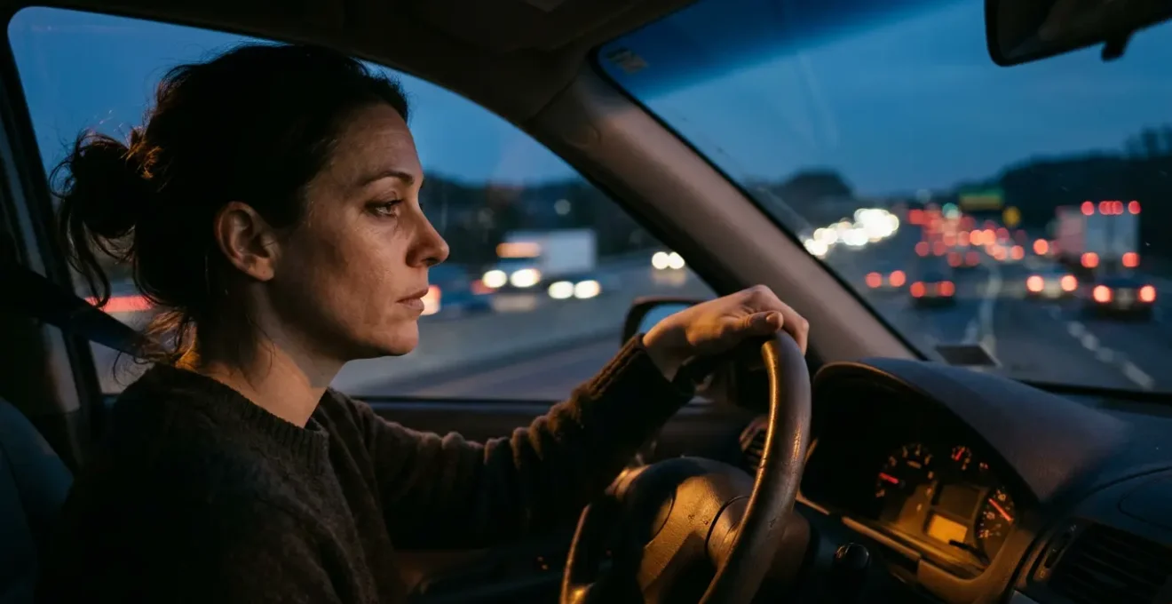 Conducteur sur autoroute de nuit montrant les premiers signes de fatigue avec vue de profil