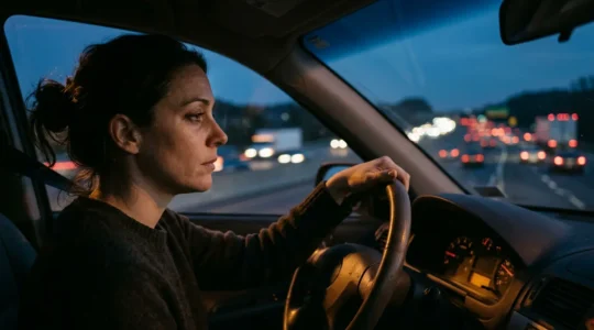 Conducteur sur autoroute de nuit montrant les premiers signes de fatigue avec vue de profil