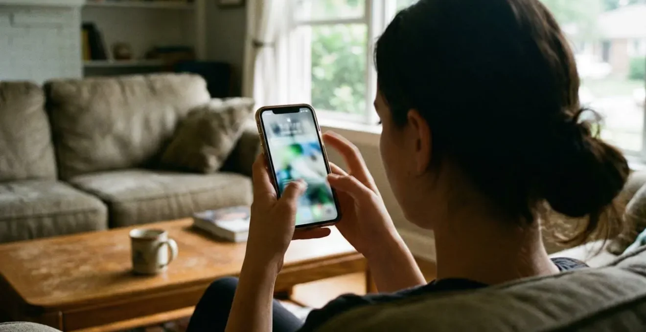 Mains tenant un smartphone avec écran flouté dans un salon lumineux, canapé visible en arrière-plan