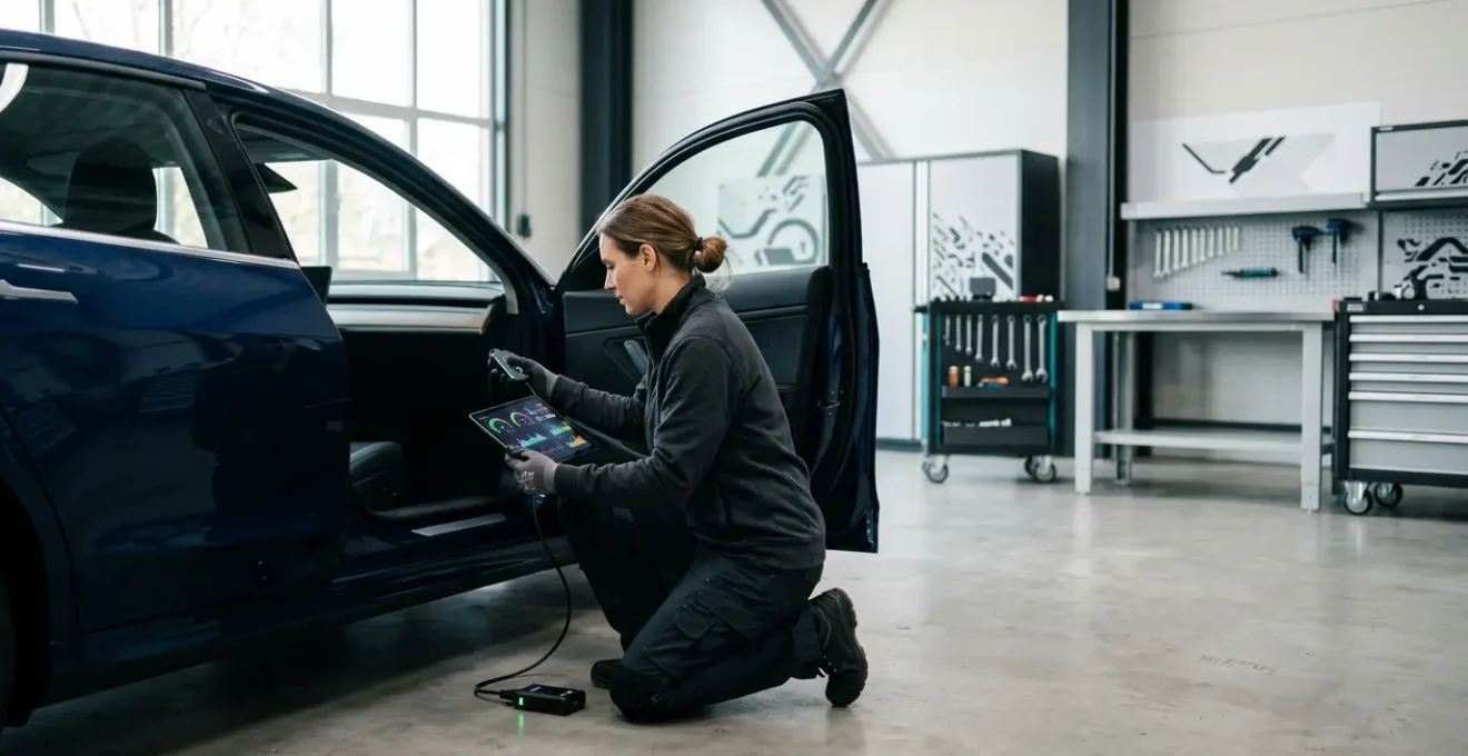 Mécanicien utilisant un boîtier de diagnostic connecté sur un véhicule moderne dans un atelier