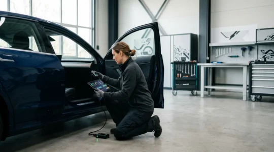 Mécanicien utilisant un boîtier de diagnostic connecté sur un véhicule moderne dans un atelier
