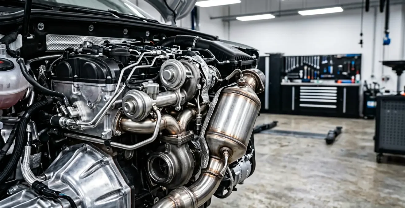 Vue détaillée d'un système d'injection diesel moderne avec filtre à particules et vanne EGR dans un atelier mécanique professionnel