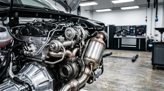 Vue détaillée d'un système d'injection diesel moderne avec filtre à particules et vanne EGR dans un atelier mécanique professionnel