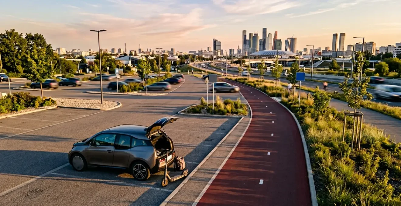 Vue aérienne d'une zone de transition entre parking relais et piste cyclable avec une voiture garée et une trottinette électrique pliée à côté